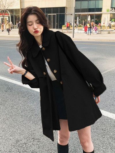 Γυναικεία καμπαρντίνα Άνοιξη φθινόπωρο Νέο κομψό κολάρο πόλο Bishop μανίκι μεσαίου μήκους Trench Fashion Casual Loose Ευέλικτα Παλτό