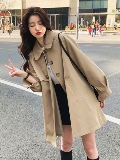 Γυναικεία καμπαρντίνα Άνοιξη φθινόπωρο Νέο κομψό κολάρο πόλο Bishop μανίκι μεσαίου μήκους Trench Fashion Casual Loose Ευέλικτα Παλτό