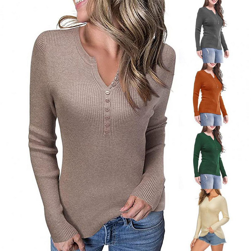 Ühevärvilised pikkade varrukatega naiste T-särgid Sügis V-kaelusega T-särgid Naiste Slim Pullover T-särgid Top naiste t-särgid футболка женская