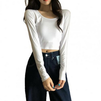 Jednobojna ženska osnovna majica s dugim rukavima i O izrezom za žene, uska ženska majica kratkih rukava, korejske ulične ženske majice