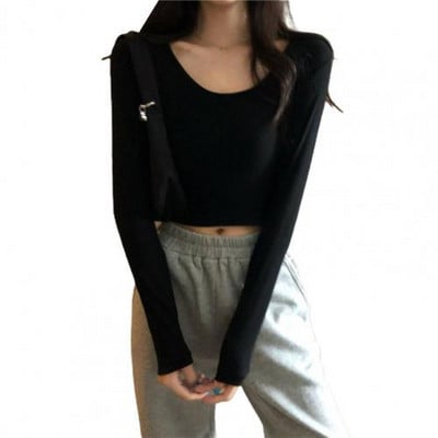 Jednobojna ženska osnovna majica s dugim rukavima i O izrezom za žene, uska ženska majica kratkih rukava, korejske ulične ženske majice