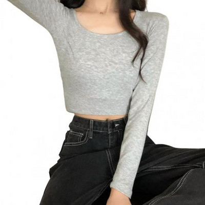 Jednobojna ženska osnovna majica s dugim rukavima i O izrezom za žene, uska ženska majica kratkih rukava, korejske ulične ženske majice
