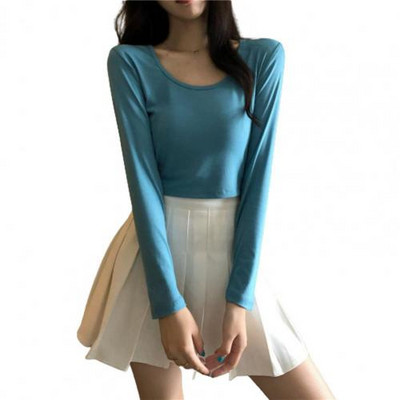 Jednobojna ženska osnovna majica s dugim rukavima i O izrezom za žene, uska ženska majica kratkih rukava, korejske ulične ženske majice