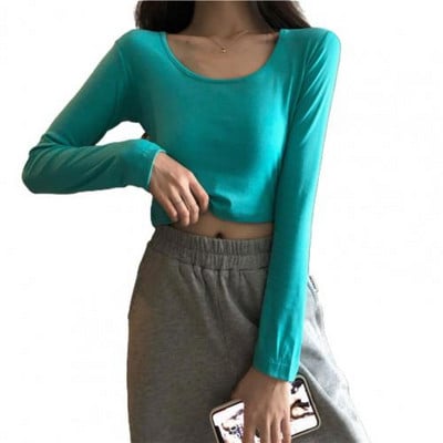 Jednobojna ženska osnovna majica s dugim rukavima i O izrezom za žene, uska ženska majica kratkih rukava, korejske ulične ženske majice