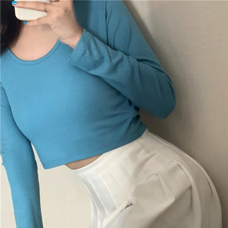 Jednobojna ženska osnovna majica s dugim rukavima i O izrezom za žene, uska ženska majica kratkih rukava, korejske ulične ženske majice