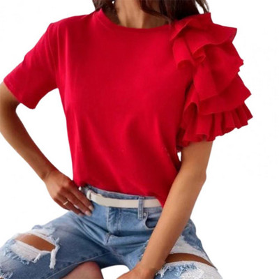 Ikdienas T-krekli Sieviešu topi ar īsām piedurknēm Flounce Edge O Neck Tkrekli Sieviešu vasaras T-krekli femme ropa de mujer футболка женская