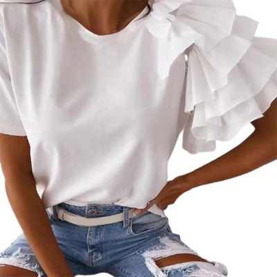 Ikdienas T-krekli Sieviešu topi ar īsām piedurknēm Flounce Edge O Neck Tkrekli Sieviešu vasaras T-krekli femme ropa de mujer футболка женская