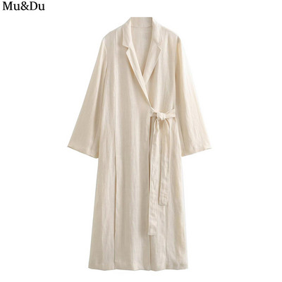 Mu&Du 2023 Φθινόπωρο Απλή μονόχρωμη δαντέλα με σπαστό μακρύ σακάκι πέτο μακρυμάνικο φαρδύ μεσαίο πανωφόρι Γυναικεία casual λεπτά παλτό