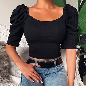 Κομψό τετράγωνο γιακά Crop Top Γυναικείο T-shirt Μπλουζάκια από βαμβακερό μείγμα Γυναικείο πουλόβερ top blusas mujer de moda 2022 футболка женский