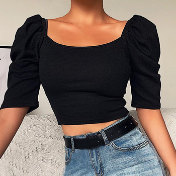 Κομψό τετράγωνο γιακά Crop Top Γυναικείο T-shirt Μπλουζάκια από βαμβακερό μείγμα Γυναικείο πουλόβερ top blusas mujer de moda 2022 футболка женский