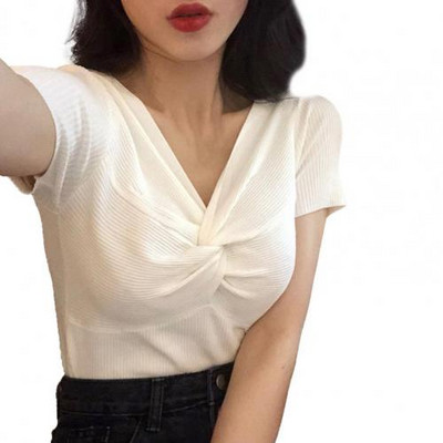 Μονόχρωμο γυναικείο μπλουζάκι, καλοκαιρινό κοντομάνικο, λεπτό πλεκτό, σέξι μπλουζάκι με λαιμόκοψη σε σχήμα V, γυναικεία μπλουζάκια ropa mujer