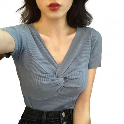 Μονόχρωμο γυναικείο μπλουζάκι, καλοκαιρινό κοντομάνικο, λεπτό πλεκτό, σέξι μπλουζάκι με λαιμόκοψη σε σχήμα V, γυναικεία μπλουζάκια ropa mujer