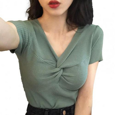 Μονόχρωμο γυναικείο μπλουζάκι, καλοκαιρινό κοντομάνικο, λεπτό πλεκτό, σέξι μπλουζάκι με λαιμόκοψη σε σχήμα V, γυναικεία μπλουζάκια ropa mujer