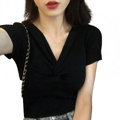 Μονόχρωμο γυναικείο μπλουζάκι, καλοκαιρινό κοντομάνικο, λεπτό πλεκτό, σέξι μπλουζάκι με λαιμόκοψη σε σχήμα V, γυναικεία μπλουζάκια ropa mujer