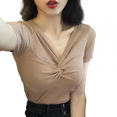 Μονόχρωμο γυναικείο μπλουζάκι, καλοκαιρινό κοντομάνικο, λεπτό πλεκτό, σέξι μπλουζάκι με λαιμόκοψη σε σχήμα V, γυναικεία μπλουζάκια ropa mujer