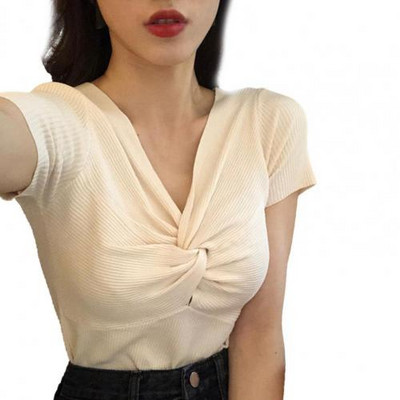 Μονόχρωμο γυναικείο μπλουζάκι, καλοκαιρινό κοντομάνικο, λεπτό πλεκτό, σέξι μπλουζάκι με λαιμόκοψη σε σχήμα V, γυναικεία μπλουζάκια ropa mujer