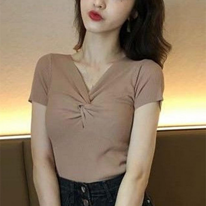 Μονόχρωμο γυναικείο μπλουζάκι, καλοκαιρινό κοντομάνικο, λεπτό πλεκτό, σέξι μπλουζάκι με λαιμόκοψη σε σχήμα V, γυναικεία μπλουζάκια ropa mujer