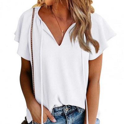 Καλοκαιρινό μπλουζάκι Γυναικείο κοντομάνικο μπλουζάκι με βολάν για γυναίκες V λαιμόκοψη Βαμβακερό μπλουζάκι Γυναικείο μπλουζάκι Μπλουζάκια γυναικεία μπλουζάκια