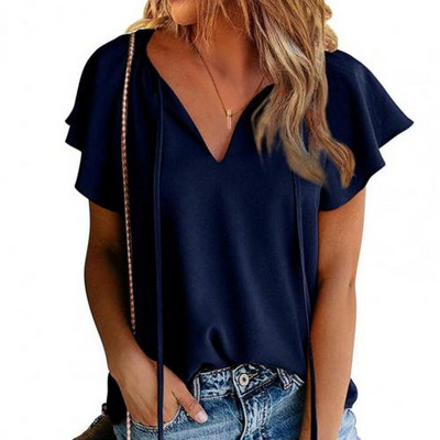 Καλοκαιρινό μπλουζάκι Γυναικείο κοντομάνικο μπλουζάκι με βολάν για γυναίκες V λαιμόκοψη Βαμβακερό μπλουζάκι Γυναικείο μπλουζάκι Μπλουζάκια γυναικεία μπλουζάκια