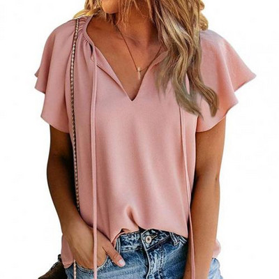 Καλοκαιρινό μπλουζάκι Γυναικείο κοντομάνικο μπλουζάκι με βολάν για γυναίκες V λαιμόκοψη Βαμβακερό μπλουζάκι Γυναικείο μπλουζάκι Μπλουζάκια γυναικεία μπλουζάκια
