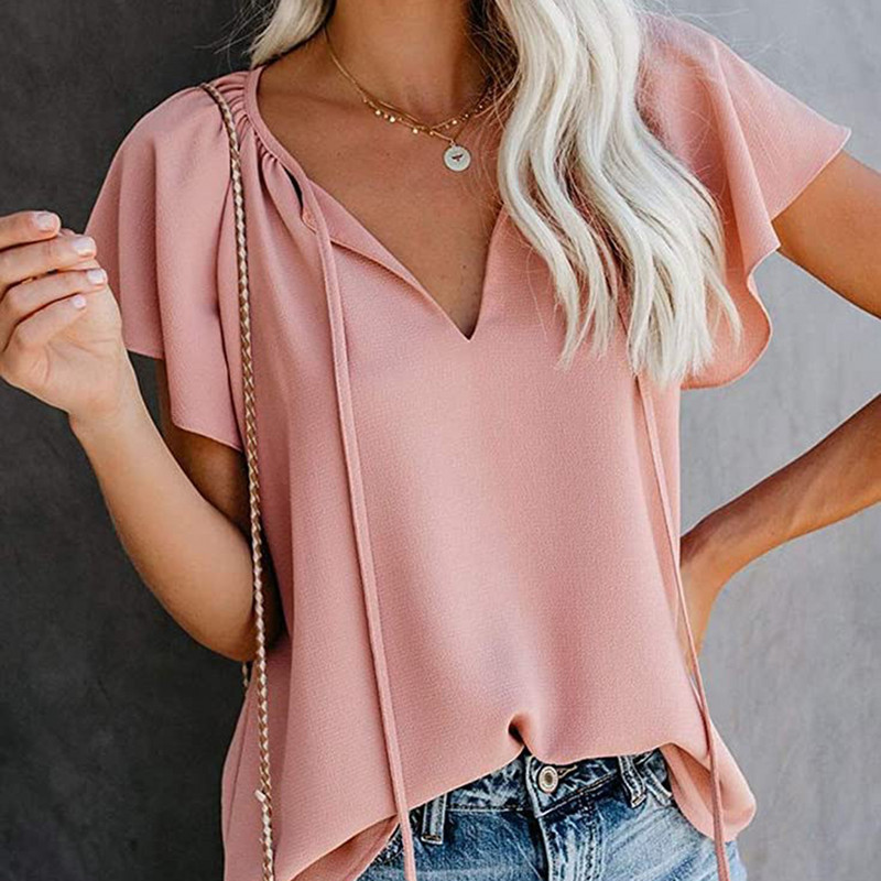Καλοκαιρινό μπλουζάκι Γυναικείο κοντομάνικο μπλουζάκι με βολάν για γυναίκες V λαιμόκοψη Βαμβακερό μπλουζάκι Γυναικείο μπλουζάκι Μπλουζάκια γυναικεία μπλουζάκια