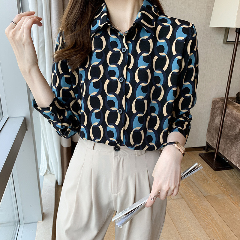 Γυναικείο μακρυμάνικο πουκάμισο 2021 Φθινόπωρο New Temperament Commuter Γυναικείο μπλουζάκι με σατέν λεπτή ριγέ στυλ Χονγκ Κονγκ