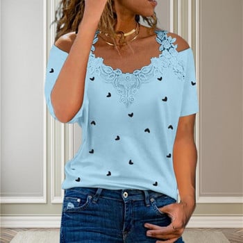 Sexy Off Shoulder Μπλουζάκια Γυναικεία T-Shirts Heart Print Μπλουζάκια με κοντό μανίκι Γυναικεία μπλουζάκια μπλουζάκια femme футболка женский