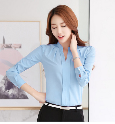 Ανοιξιάτικο και Φθινόπωρο Νέο Γυναικείο μακρυμάνικο πουκάμισο Κορεάτικο με λαιμόκοψη σε V Casual μονόχρωμες ελαστικές μπλούζες σιφόν Λεπτό λεπτό τοπ B089