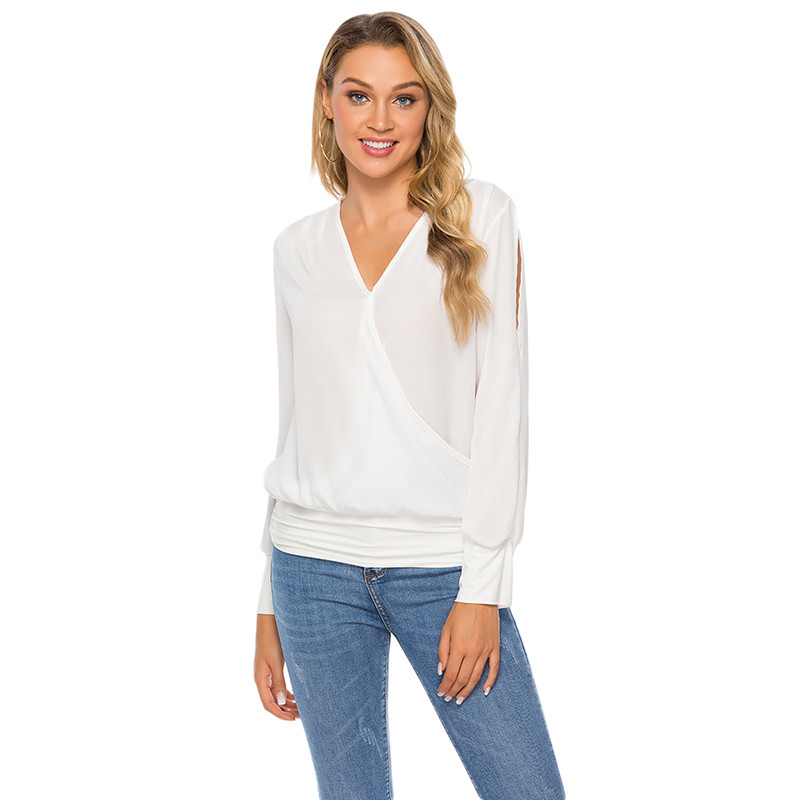 Bluze albe de primăvară, toamnă, cămăși de birou pentru femei, cu decolteu în V, bluză din șifon cu mâneci lungi, îmbrăcăminte de lucru pentru femei, 2 culori