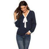 Harajuku Νέα Ανοιξιάτικη καλοκαιρινή μπλούζα Γυναικεία μακρυμάνικα πουκάμισα Fashion Leisure Shiffon πουκάμισο Φιόγκος Γυναικεία λευκά μπλουζάκια