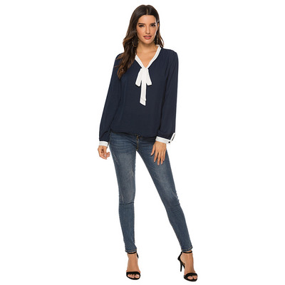 Harajuku Νέα Ανοιξιάτικη καλοκαιρινή μπλούζα Γυναικεία μακρυμάνικα πουκάμισα Fashion Leisure Shiffon πουκάμισο Φιόγκος Γυναικεία λευκά μπλουζάκια