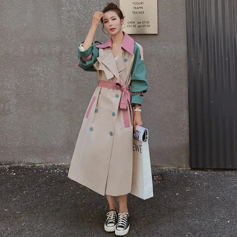 Ανοιξιάτικο φθινόπωρο 2023 Κορεάτικο συνονθύλευμα Ανεμοδράστη Γυναικεία μεσαίου μήκους καμπαρντίνα με γυναικεία εξωτερικά ενδύματα με διπλό στήθος ζώνη