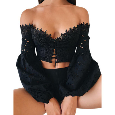 Γυναικείες μπλούζες με μακριά μανίκια με μακρυμάνικο ώμο Δαντέλα φαρδιά 2021 Μόδα Γυναικείες μπλούζες Γυναικεία μπλούζα πουκάμισο με λαιμόκοψη V Blusas Mujer