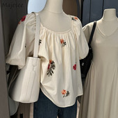 Floral μπλούζες Γυναικείες καλοκαιρινές φαρδιές λογοτεχνικές μπλούζες Lady Vintage Prairie Chic Lantern μανίκια Απαλό Femininas Blusas Harajuku