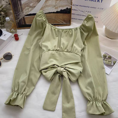 Μπλούζες 6 χρωμάτων Επίδεσμος Γυναικείο Λεπτό Ανοιξιάτικο Γλυκό Γυναικείο Ταμπεραμέντο Πριγκίπισσα Flare μανίκι Κομψό μονόχρωμο Μόδα Ulzzang