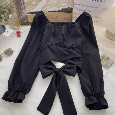 Μπλούζες 6 χρωμάτων Επίδεσμος Γυναικείο Λεπτό Ανοιξιάτικο Γλυκό Γυναικείο Ταμπεραμέντο Πριγκίπισσα Flare μανίκι Κομψό μονόχρωμο Μόδα Ulzzang