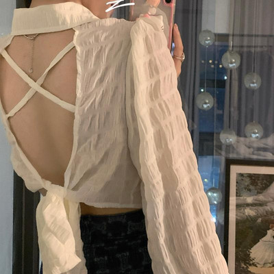 Πουκάμισα με εξώπλατο γυναικείο μανίκι, μασίφ άνοιξη, απλά Hotsweet Crop Tops Λεπτά κορεάτικα στυλ μόδας Streetwear Chic Causal Ins