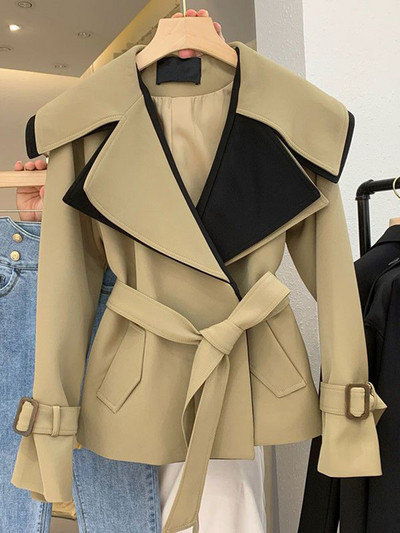 BZVW Γυναικείες 2023 Άνοιξη Φθινόπωρο New Tide Αντιανεμικό παλτό ματισμένης χρωματικής αντίθεσης Ζώνη ψηλής μέσης Vintage γραφείο Lady Trench Θηλυκό