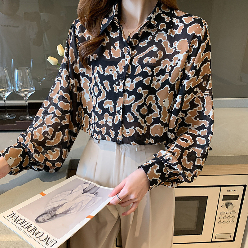 2023. aasta kevad, uus retrohõnguline leopardimustriline nööbiga särk naiste disainiga Sense Niche šifoonist pikkade varrukatega elegantne pluus