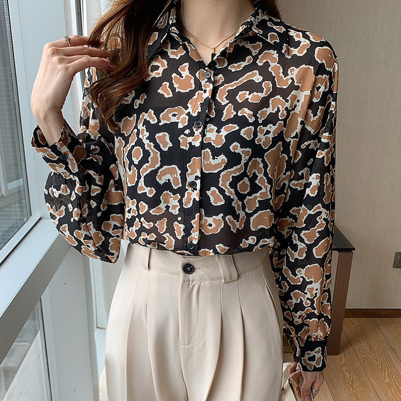 2023. aasta kevad, uus retrohõnguline leopardimustriline nööbiga särk naiste disainiga Sense Niche šifoonist pikkade varrukatega elegantne pluus