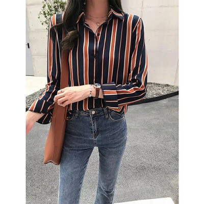 Γυναικείο φαρδύ μακρυμάνικο πουκάμισο, κορεάτικη μόδα, ευέλικτο βαμβακερό σιφόν, λεπτή μπλούζα για κορίτσια, ρετρό εκτύπωση, καλοκαίρι, νέα, B072