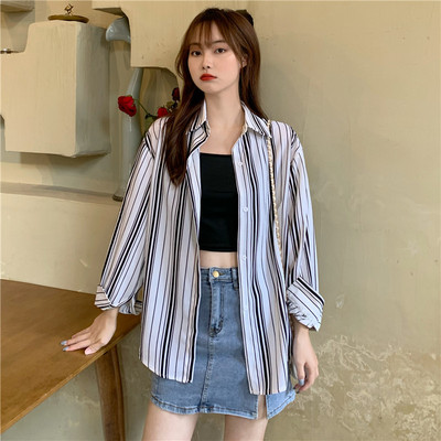 Γυναικείο φαρδύ μακρυμάνικο πουκάμισο, κορεάτικη μόδα, ευέλικτο βαμβακερό σιφόν, λεπτή μπλούζα για κορίτσια, ρετρό εκτύπωση, καλοκαίρι, νέα, B072