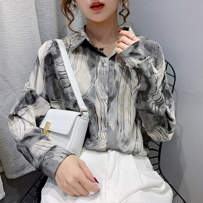 Γυναικείο φαρδύ μακρυμάνικο πουκάμισο, κορεάτικη μόδα, ευέλικτο βαμβακερό σιφόν, λεπτή μπλούζα για κορίτσια, ρετρό εκτύπωση, καλοκαίρι, νέα, B072