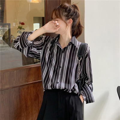 Γυναικείο φαρδύ μακρυμάνικο πουκάμισο, κορεάτικη μόδα, ευέλικτο βαμβακερό σιφόν, λεπτή μπλούζα για κορίτσια, ρετρό εκτύπωση, καλοκαίρι, νέα, B072