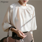 Ženske košulje u francuskom stilu, šik, vintage, elegantne, s O-izrezom, jednobojne lampion rukave boje marelice, 3XL, trendi jesenske, ležerne, jednostavne ženske