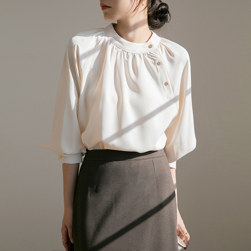 Ženske košulje u francuskom stilu, šik, vintage, elegantne, s O-izrezom, jednobojne lampion rukave boje marelice, 3XL, trendi jesenske, ležerne, jednostavne ženske