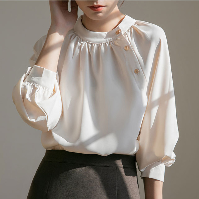 Ženske košulje u francuskom stilu, šik, vintage, elegantne, s O-izrezom, jednobojne lampion rukave boje marelice, 3XL, trendi jesenske, ležerne, jednostavne ženske