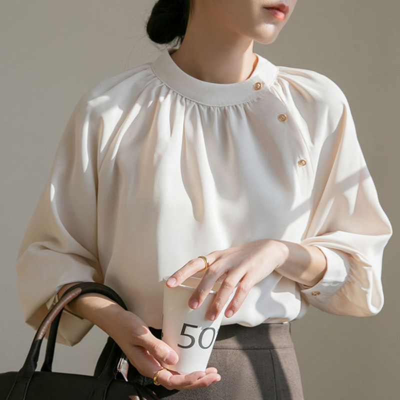 Ženske košulje u francuskom stilu, šik, vintage, elegantne, s O-izrezom, jednobojne lampion rukave boje marelice, 3XL, trendi jesenske, ležerne, jednostavne ženske