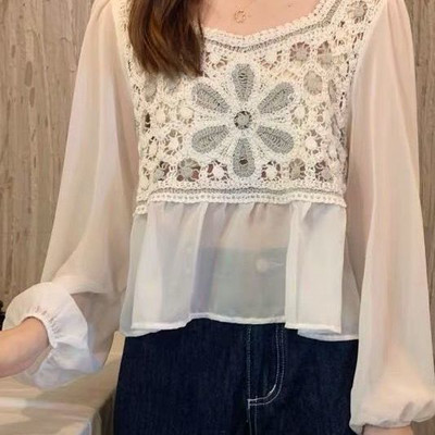 Γυναικείες μπλούζες Καλοκαιρινό Νέο συνονθύλευμα σιφόν Cropped Casual Daily All-match Harajuku Cute Sweet Print Απλό τετράγωνο γιακά Κλασικό