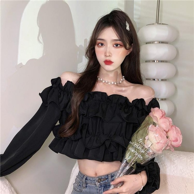 Bluze Ženske uske skraćene čiste jednostavne volane Estetske seksi majice ženstvene jeseni u korejskom stilu Ležerne s kosim izrezom Udobne hipsterice